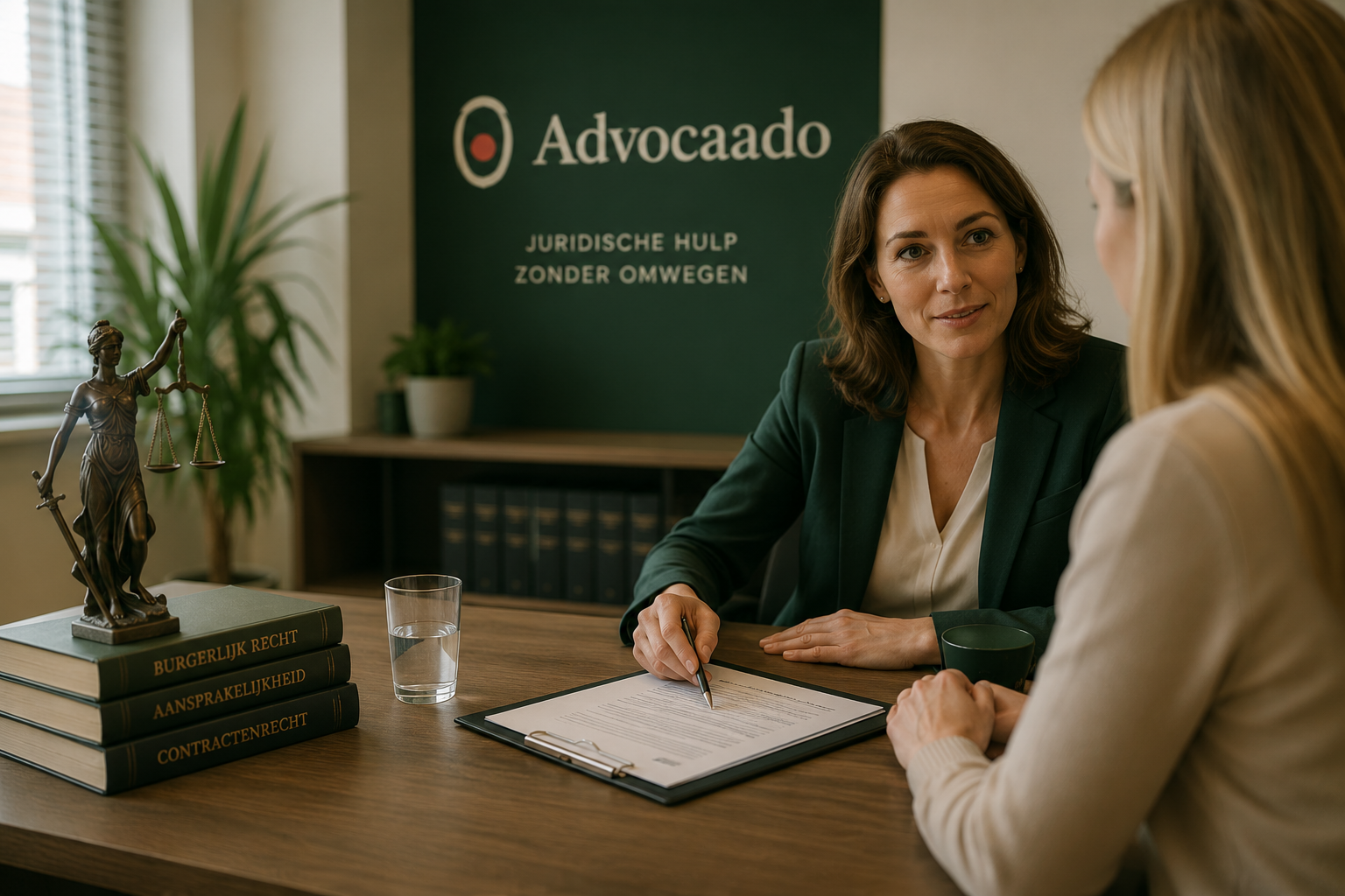 Advocaat aan bureau met cliënt bij Advocaado